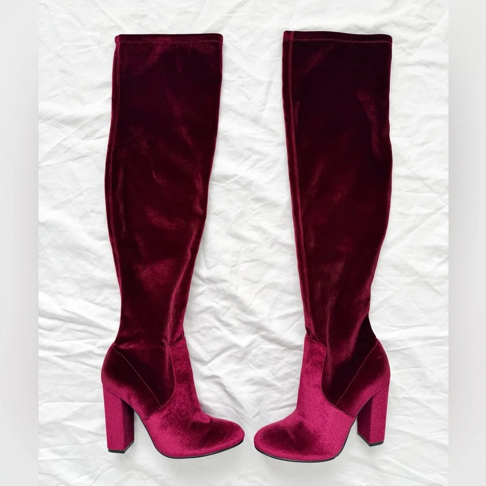 Chinese Laundry Red Wine Brenda Velvet Over The Knee Boots | Burgundy | Size 6